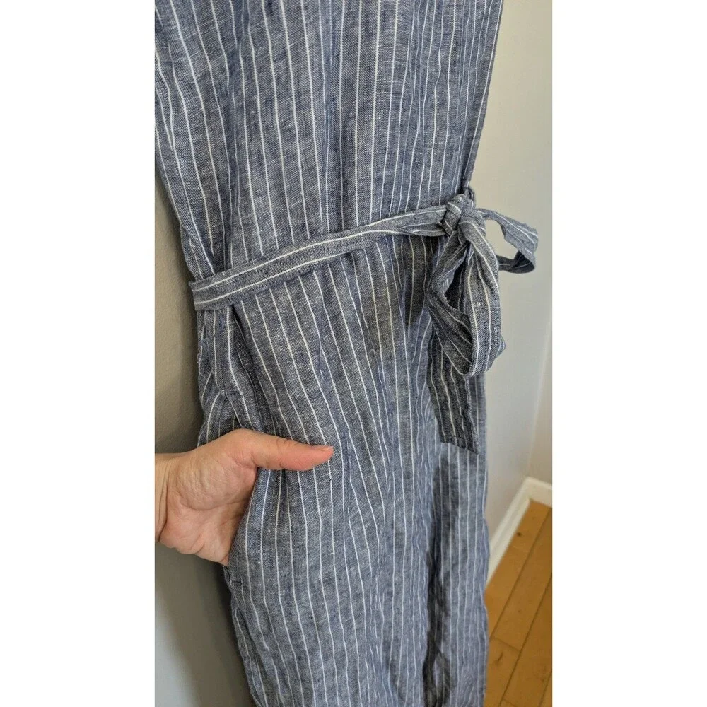 Quince 100% European Linen Square Neck Jumpsuit M Blue Stripe Wide Leg Relaxed